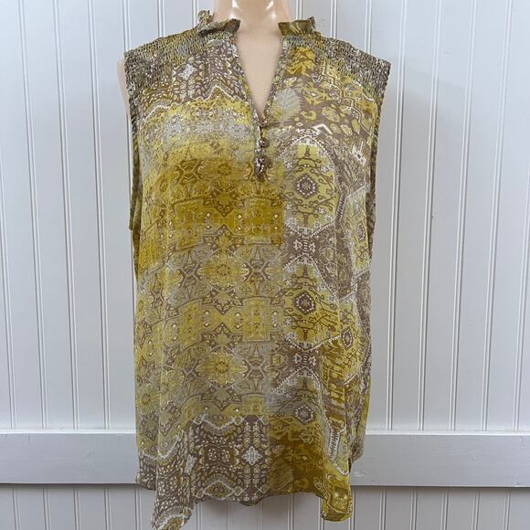 Alex & Lili Sleeveless Blouse Yellow Abstract Popover Lightweight Flowy Top L - Picture 2 of 10